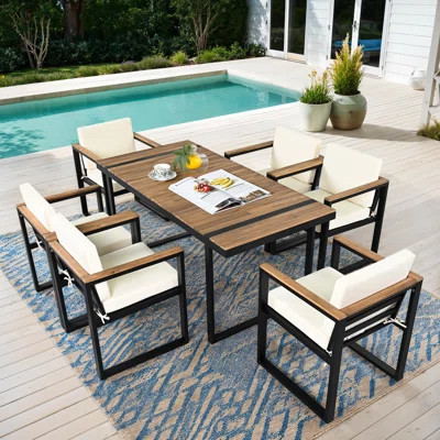 7-Piece Outdoor Dining Set, Acacia Wood Table & Chairs with Removable Cushions | Wayfair North America
