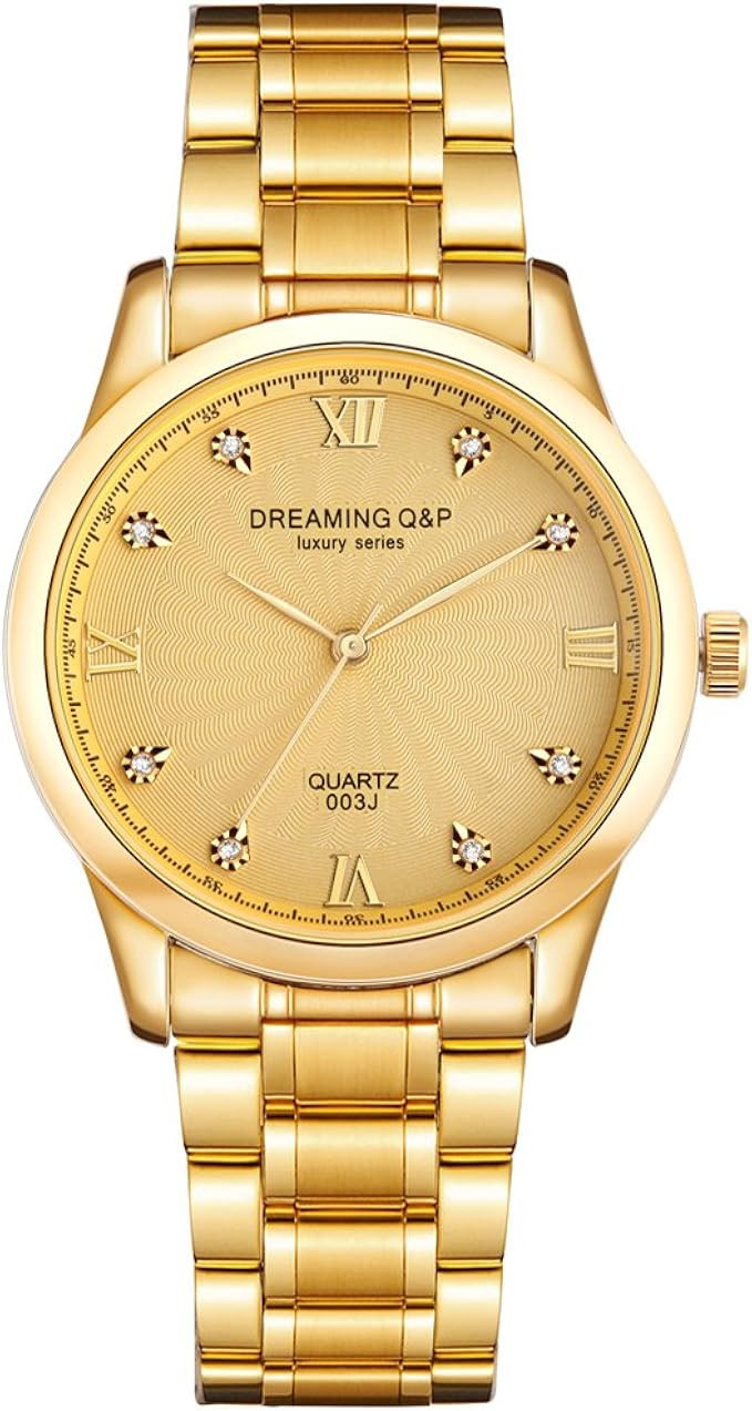 IP Gold Plating Steel Roman Numeral Dial with Rhinestones Mens Wrist Watches for Man Black 003 | Amazon (US)