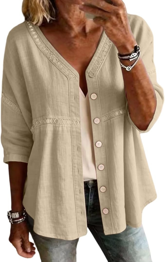 Cotton Gauze Tops for Women Casual Linen Tunic Shirt 3/4 Sleeve V Neck Peasant Jacket Summer Beac... | Amazon (US)