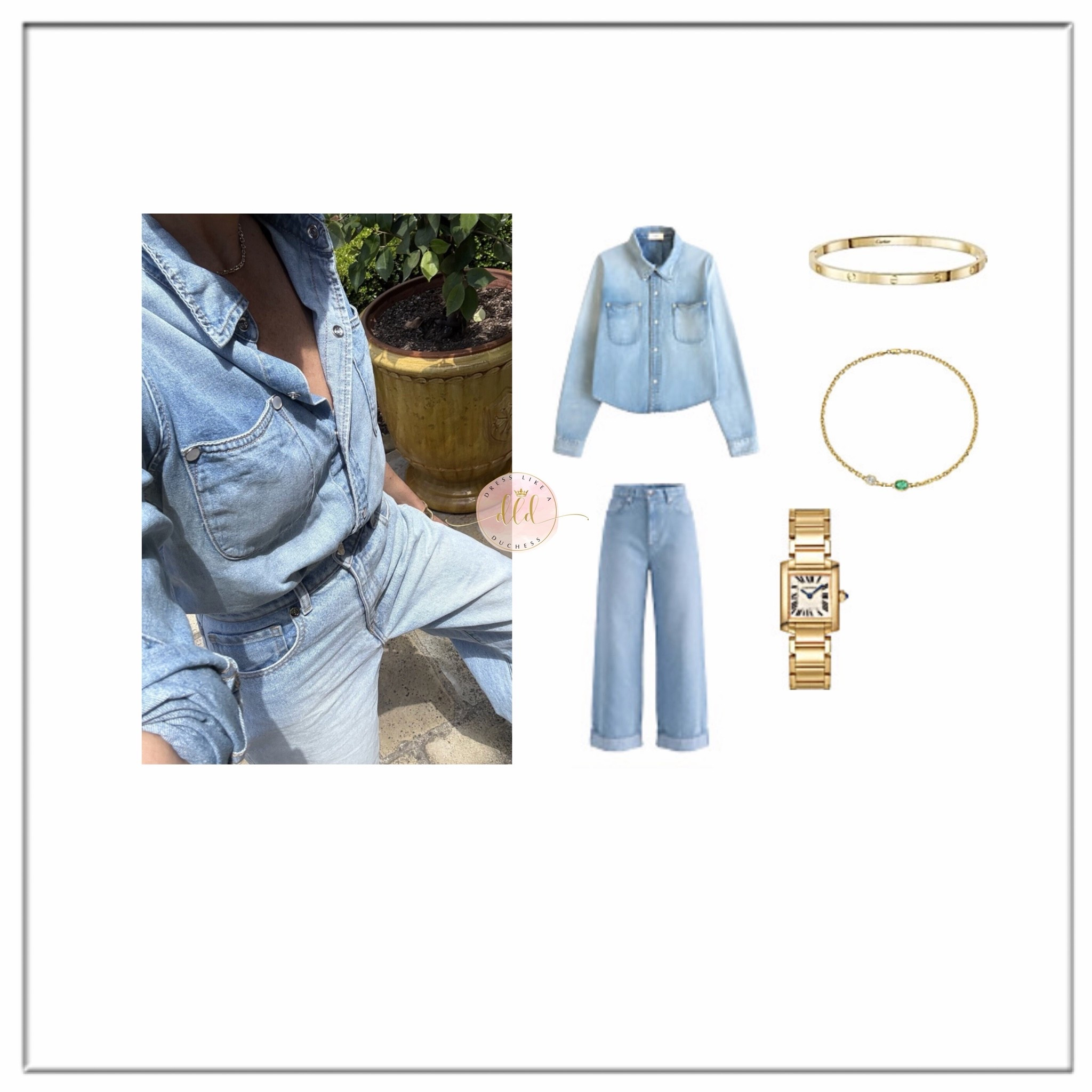 6/9/26 Meghan Markle on Instagram wearing Tracy James Sunday Denim Shirt in Light Blue + Tracy James Upper Village Jeans (not linkable) + Logan Hollowell Lovers Duet Emerald Chain Necklace