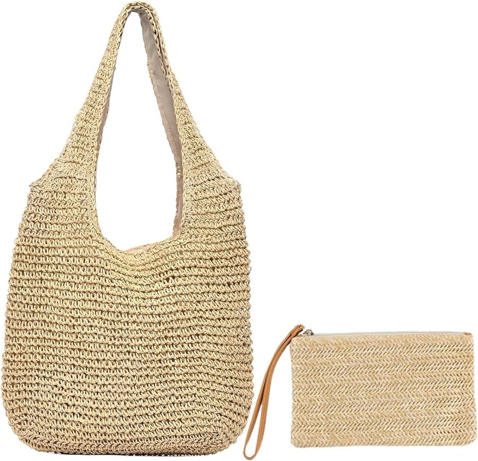Beach Bag Straw Purses for Women Summer Woven Beach Tote Bag with Straw Clutch | Amazon (US)