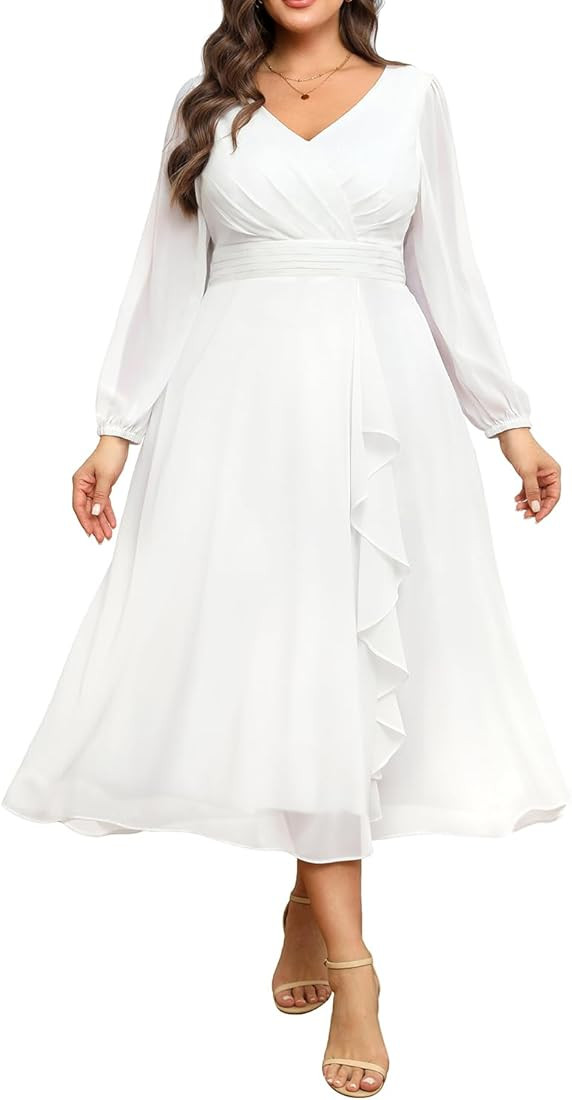 Pinup Fashion Plus Size Dresses for Wedding Guest - 2025 Formal Long Sleeve Chiffon Fall Midi Dre... | Amazon (US)