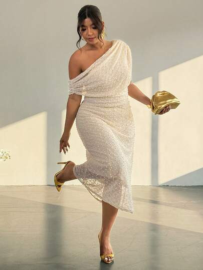 Firerie Plus Size Spring/Summer New Elegant Irregular Shoulder Short Sleeve Pleated Waist Knit Dr... | SHEIN