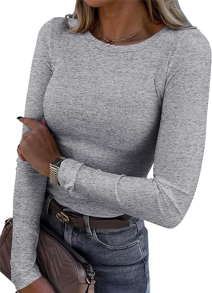 Roselux Womens Long Sleeve Stretch Crewneck Ribbed T-Shirt Fitted Casual Basic Tops | Amazon (US)