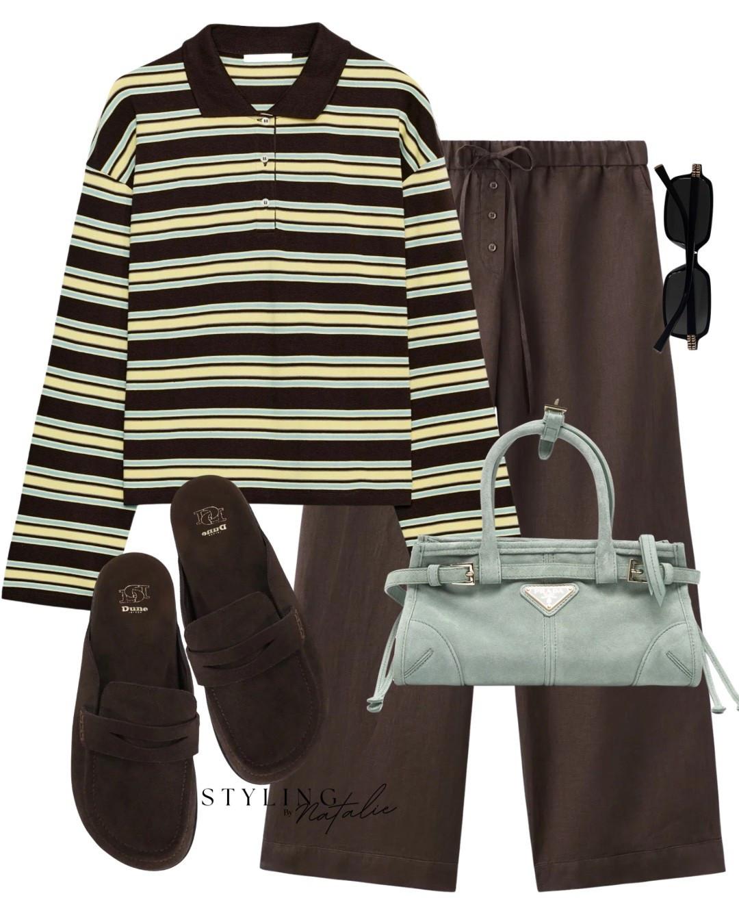 Everyday look, casual outfit, spring look, cool girl style, Stripe polo sweatshirt, brown linen drawstring trousers, Prada bag, brown suede loafers.

#LTKuk