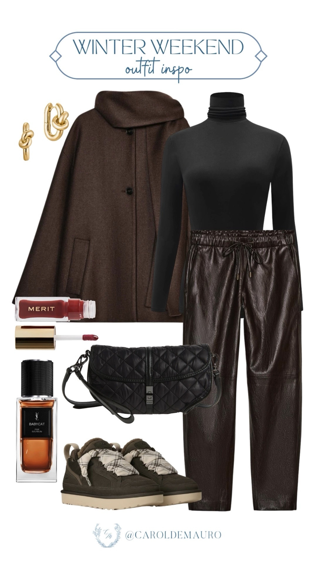 Stay warm while grabbing your coffee or browsing shops in this brown cape and black turtleneck paired with chocolate leather joggers and olive suede sneakers! Finish your effortless look with gold knot earrings, a swipe of lip oil, and a spray of perfume.

weekend outfit, winter fashion, monochrome style, errands day, casual chic, fashion accessories, seasonal look, elevated basics

#LTKFindsUnder50 #LTKU #LTKSeasonal