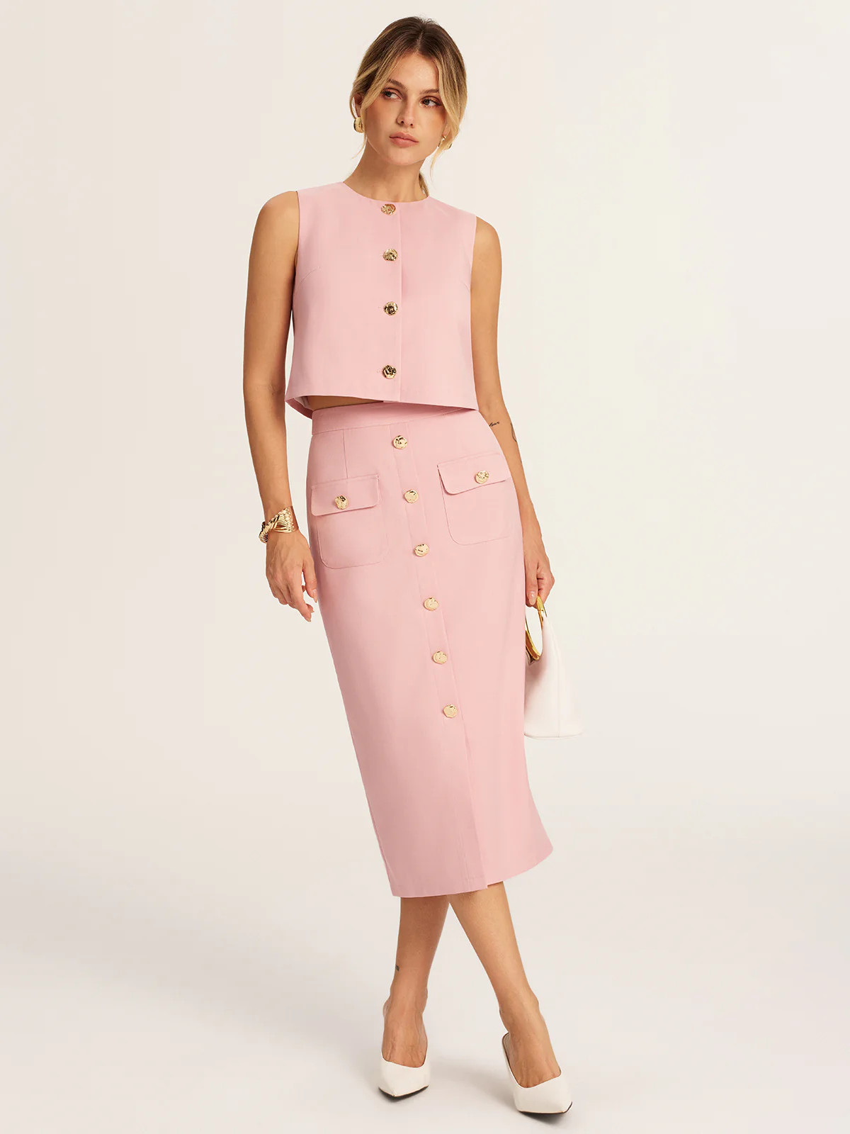 Metal Button Cropped Vest & Midi Skirt Set | Commense