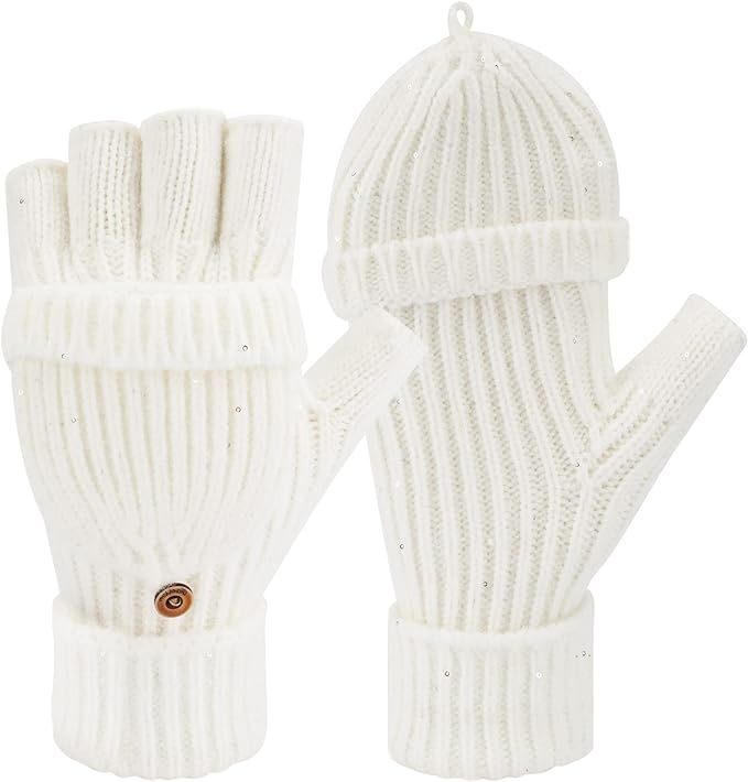FZ FANTASTIC ZONE Womens Winter Knit Fingerless Work Gloves Convertible Mittens Warm for Cold day | Amazon (US)