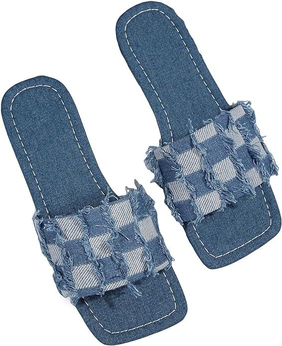 GORGLITTER Women's Checkered Pattern Raw Trim Flat Sandals Fashion Denim Slide Sandals | Amazon (US)
