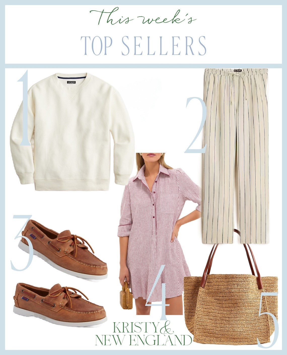 Top Sellers of the Week #1 Heritage Fleece Sweatshirt #2 Linen Striped Pants #3 Leather Boat Shoes #4 Red Stripe Shirt Dress #5 Straw Tote Bag

#LTKShoeCrush #LTKSaleAlert #LTKItBag