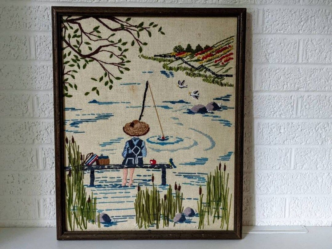 Vintage Framed Needlepoint Art | Boy Fishing in Overalls | Summer Days | Etsy (US)