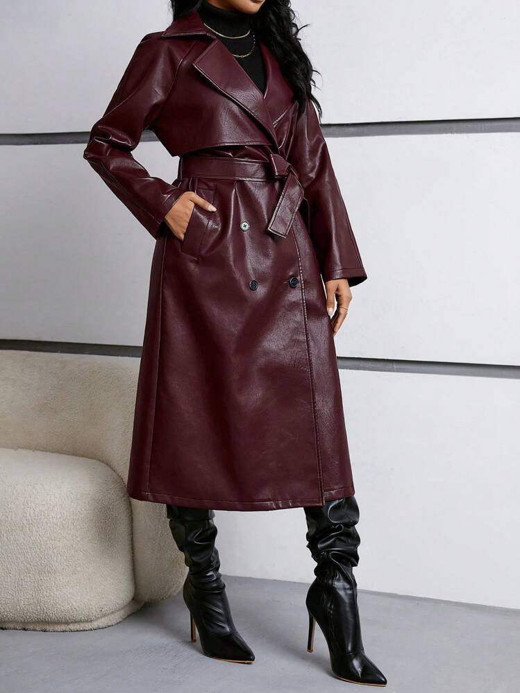 SHEIN Privé Veste longue élégante à double boutonnage, col châle en PU unicolore pour femmes... | SHEIN