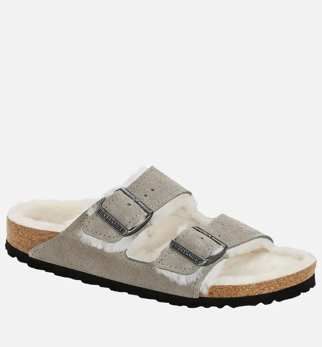 Birkenstock Women's Arizona Slim Fit Shearling Double Strap Sandals - Stone Coin | Coggles (Global)