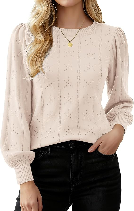 GRACE KARIN Fall Sweaters for Women 2026 Puff Long Sleeve Crewneck Dressy Casual Tops Crochet Hol... | Amazon (US)
