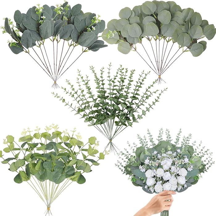 Eucalyptus Stems Bulk 60 Pcs, 4 Kinds Mixed Artificial Silver Dollar Eucalyptus Leaves Bundle Fau... | Amazon (US)