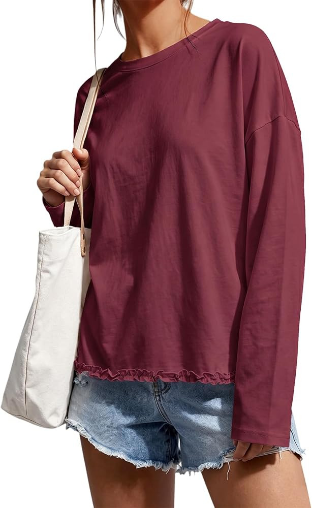 Cicy Bell Womens Oversized Ruffle Hem Tops Crew Neck Casual Loose T Shirts | Amazon (US)