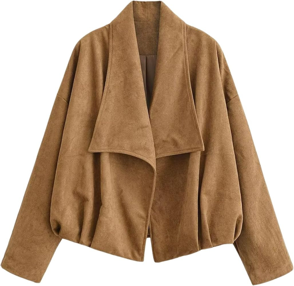 Xunger Women\u2019s Faux Suede Wrap Jacket Casual Lapel Collar Long Sleeve Open Front Loose Sprin... | Amazon (US)