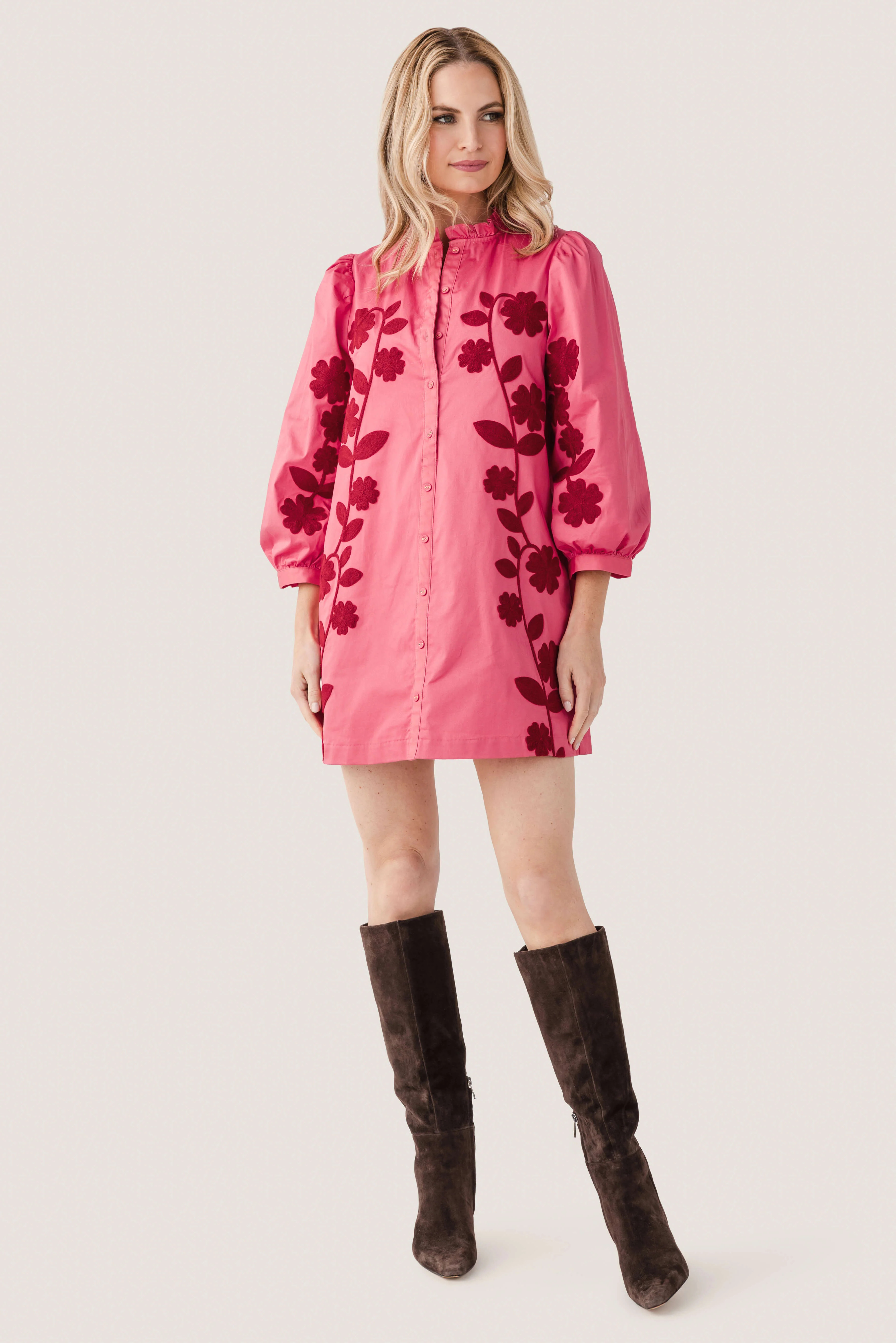 Strut & Bolt 3/4 Sleeve Flower Embroidery Mini Dress | Social Threads