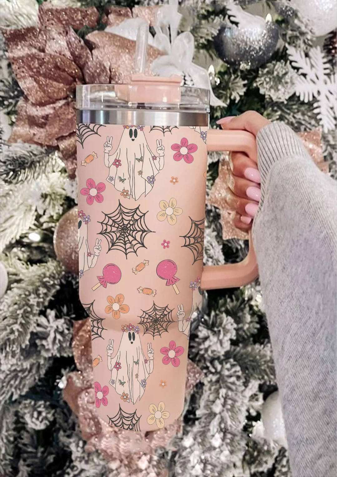 Halloween Cute Floral Ghost Painted 40oz Tumbler With Handle & - Etsy | Etsy (US)