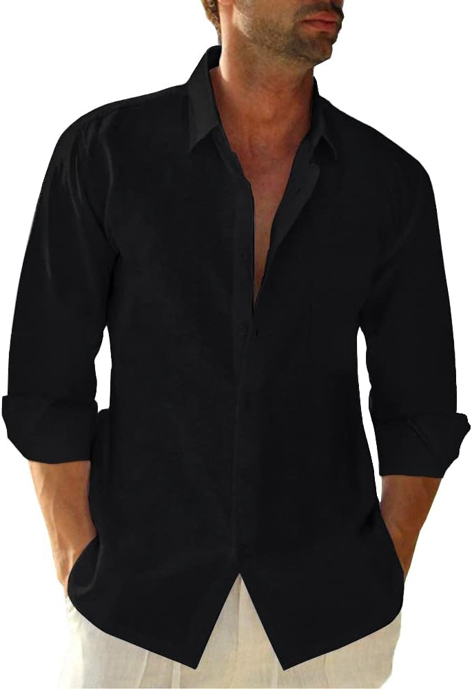 Button Down Linen Shirts for Men Casual Long Sleeve Regular Fit Cotton Beach Shirts with Pocket | Amazon (US)