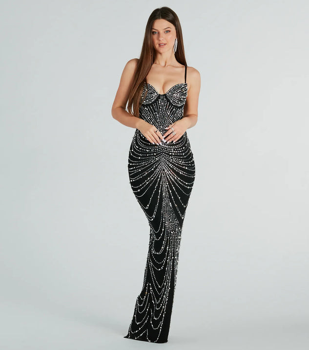 Aubrie Formal Rhinestone And Pearl Mesh Long Dress | Windsor Stores