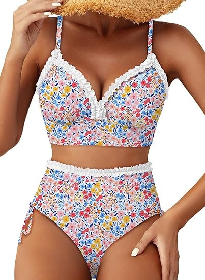 Herseas Women's Splice Ruffle Trim Bikini Sets Tie Side Swimsuits High Waisted Bathing Suits | Amazon (US)