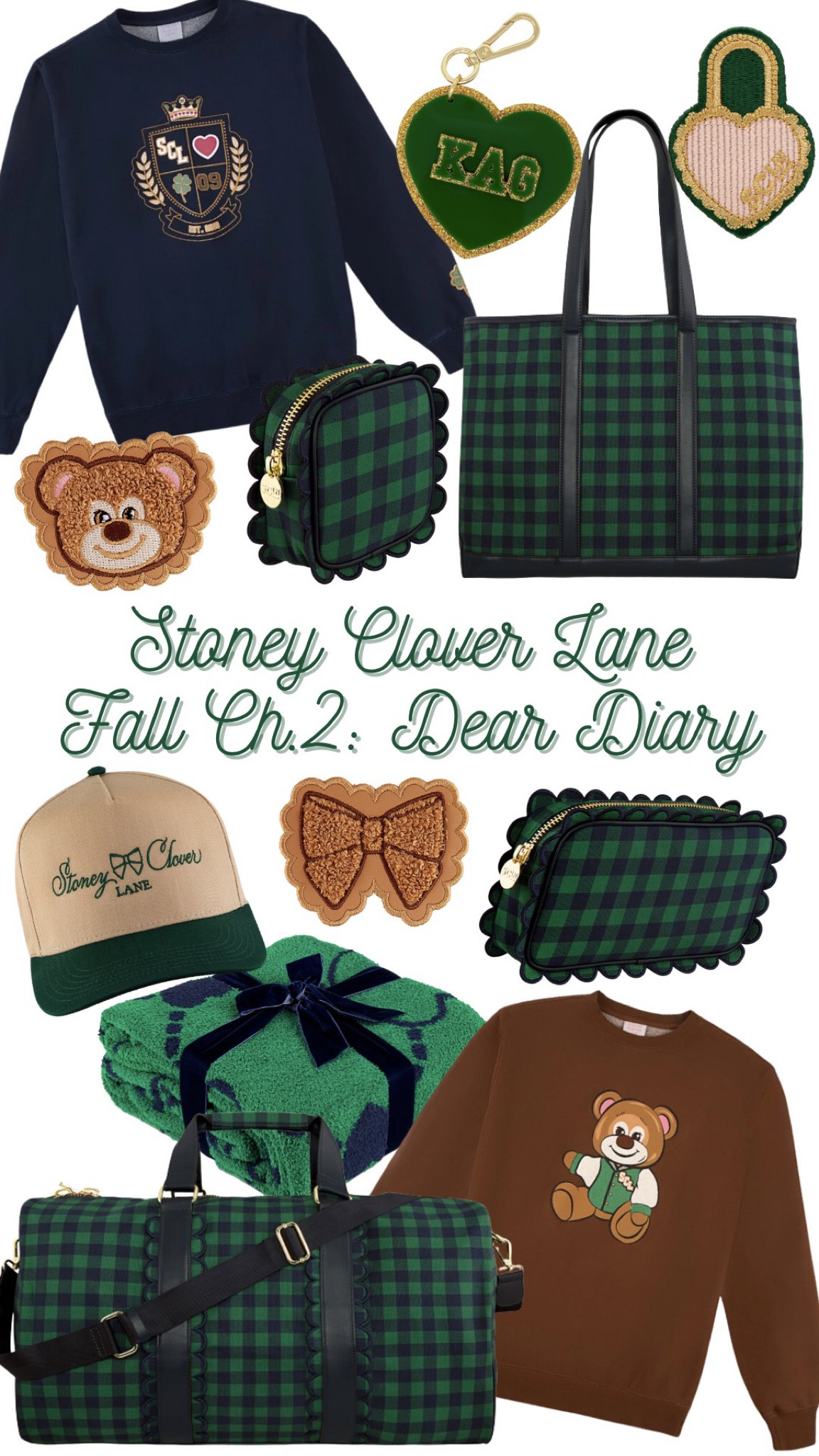 Stoney Clover Lane Fall Chapter 2 Collection 💚 Blackwatch plaid duffle bag, Blackwatch plaid tote bag, scallop trim pouch, preppy crewneck sweatshirt 

#LTKSeasonal #LTKitbag