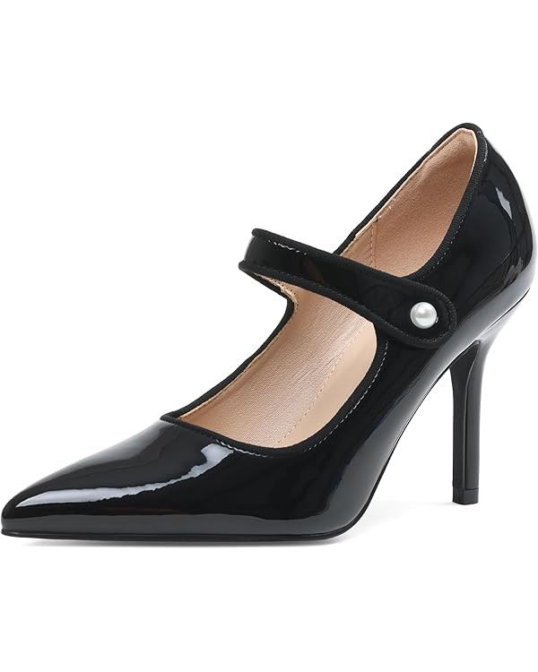 Eteridrey Mary Jane Heels for Women Closed Toe 3.5 Inch High Heels Pointed Pumps with Pearl Butto... | Amazon (US)