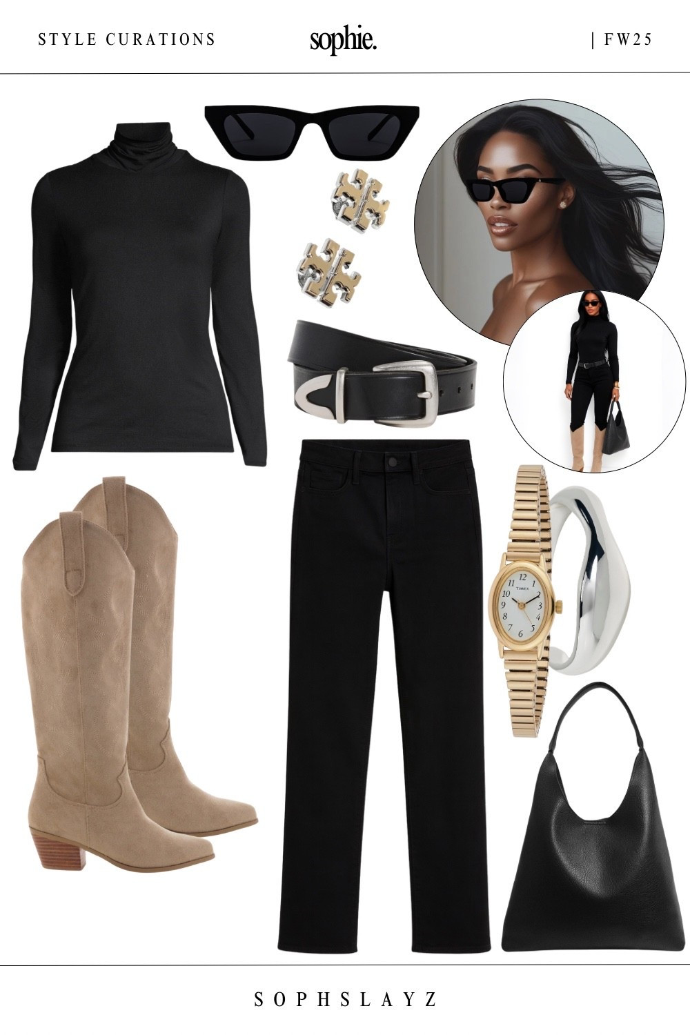 This look: sleek black base with a fitted black turtleneck, black jeans, western-style belt, taupe suede western boots, and a black faux leather shoulder bag. A chic western remix in a sharp black and taupe palette. Style it for dinner with friends or weekend errands in style. Also available in tall!
🔎: fall outfits, black outfits, western style, cowgirl boots, casual fall outfit, jeans outfit, black denim outfit, FW25, boots outfit

#LTKStyleTip