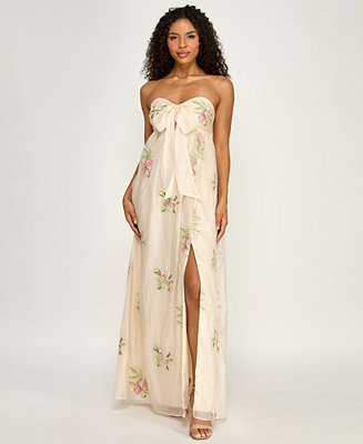 SENI & CADE Juniors' Floral Embroidered Strapless Tie-Front Dress - Macy's | Macy's