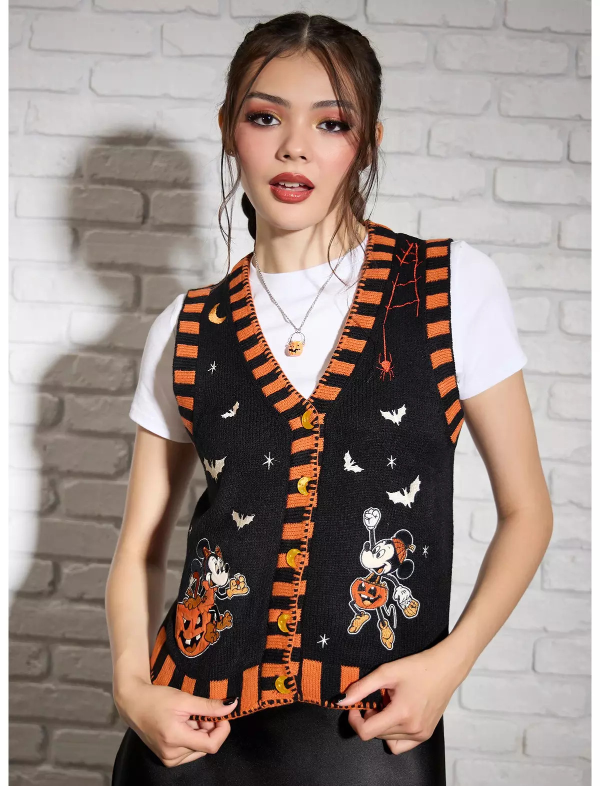 Her Universe Disney Mickey Mouse & Minnie Mouse Pumpkin Girls Sweater Vest | Hot Topic