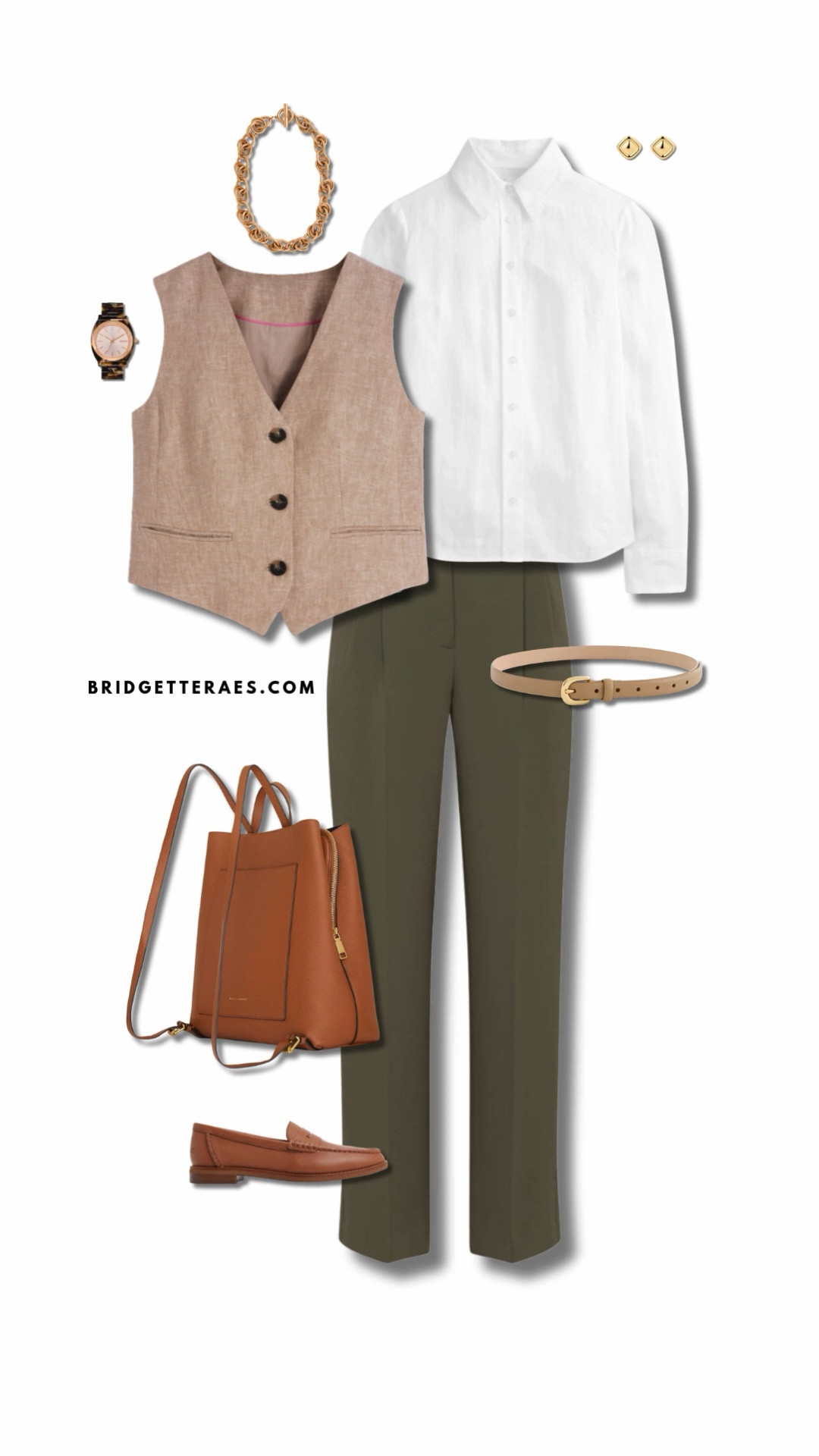 Tailored layers and earthy tones come together in this polished, work-ready look. A crisp white button-down provides a clean foundation, while the structured linen vest adds dimension and a touch of modern tailoring. Olive trousers ground the outfit with a sleek, professional silhouette, balanced by warm leather accessories that bring richness and cohesion to the palette. Classic loafers keep the look practical yet refined, while gold jewelry and a statement necklace add a subtle element of confidence and polish. The result is a sophisticated ensemble that feels structured, approachable, and effortlessly professional.

#LTKootd #LTKWorkwear #LTKOver40