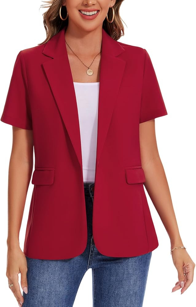 Women Short Sleeve Blazer Lightweight Button Front Business Jacket Notched Lapel Work Office Blaz... | Amazon (US)
