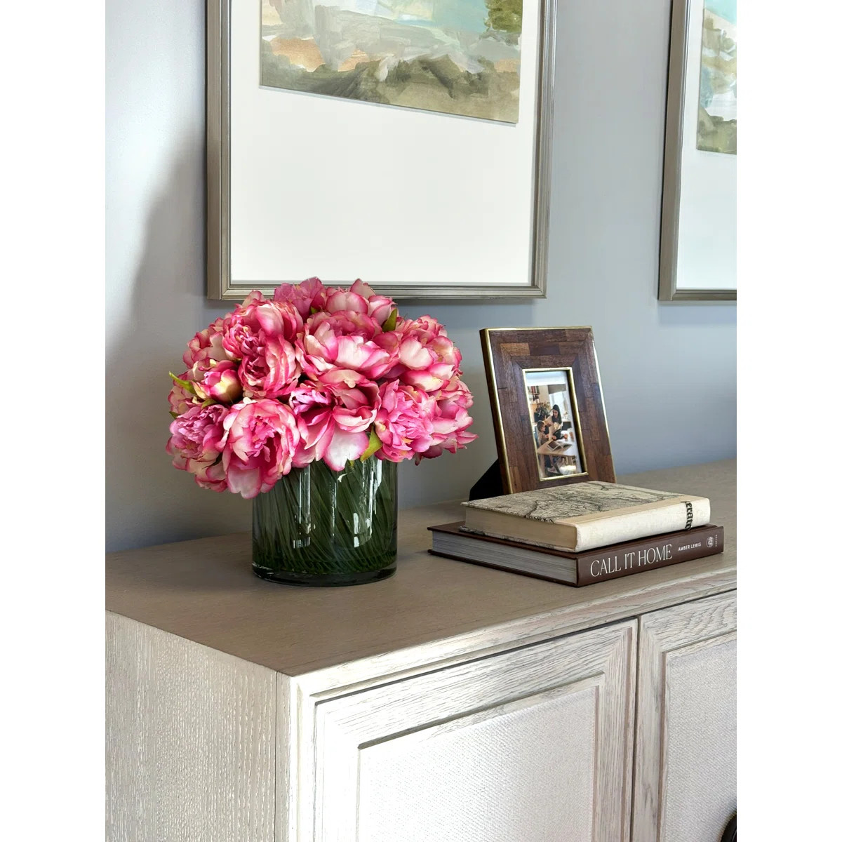 Peony Arrangement in Glass Vase with Grass | Wayfair North America