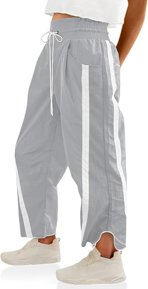 Womens Pants Baggy Wide Leg Casual Workout Elastic Waisted Stripes Track Pockets Y2K Barrel Trend... | Amazon (US)