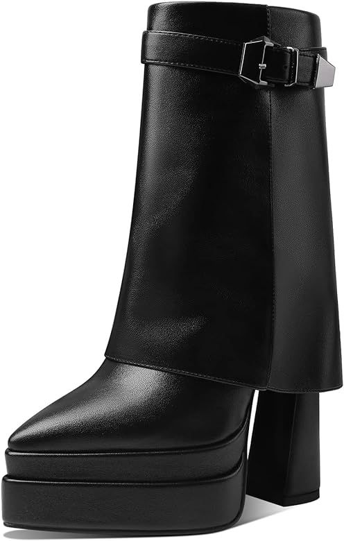 Women's Pointed Toe Platform Mid Calf Booties, Side Zip Close Chunky Block High Heel Fashion Ankl... | Amazon (US)