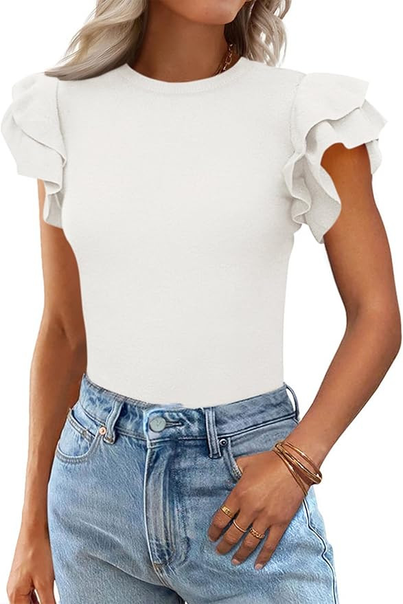 KIRUNDO Spring Tops for Women Ruffle Short Sleeve Sweater Casual Crewneck Knit Pullover Shirts 20... | Amazon (US)