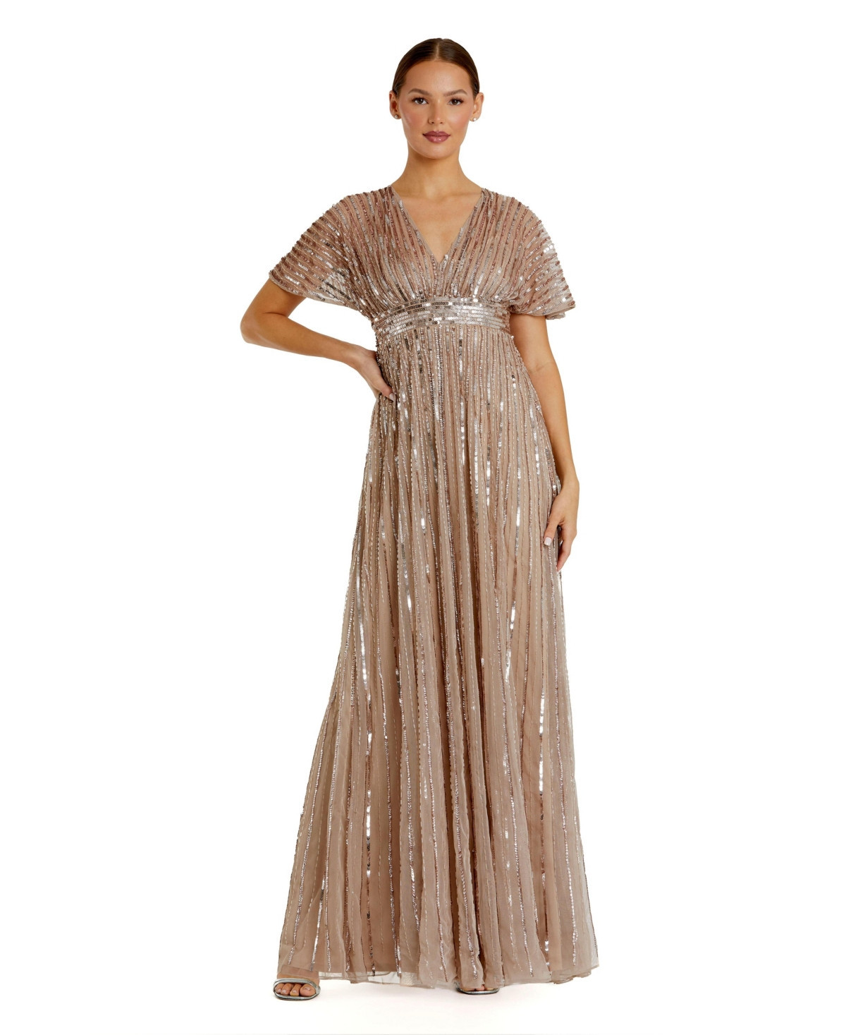 Mac Duggal Women's Embellished Mesh V Neck Short Sleeve Gown - Taupe | Macy's