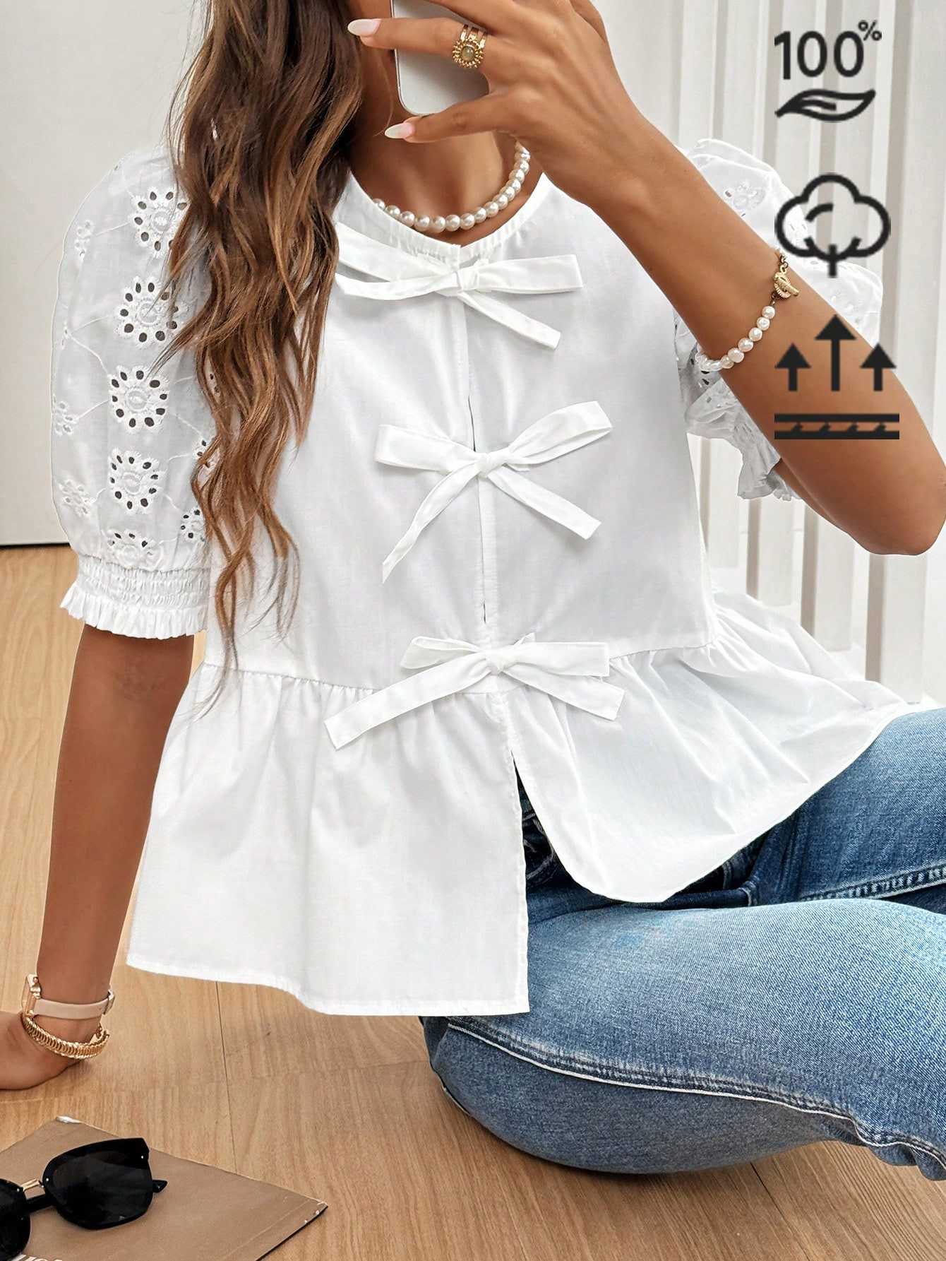 SHEIN Frenchy Eyelet Embroidery Puff Sleeve Bow Front Peplum Blouse  Bow Tie Design In The Front ... | SHEIN
