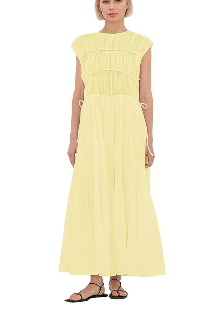 Women Pleated Ruched Tiered Maxi Dress Sleeveless Patchwork Ruffle Hem A Line Flowy Summer Elegan... | Amazon (US)