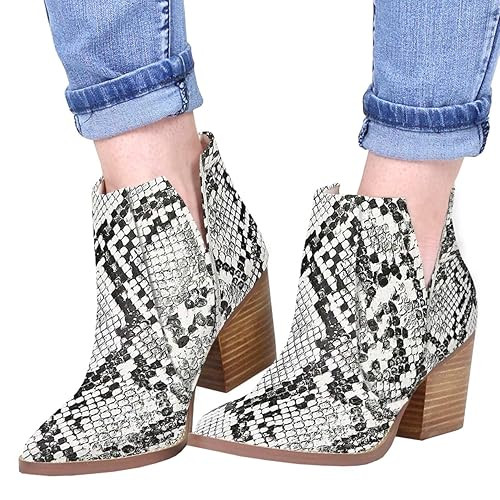 Kathemoi Womens Ankle Boots Slip on Cutout Pointed Toe Snakeskin Chunky Stacked Mid Heel Booties | Amazon (US)