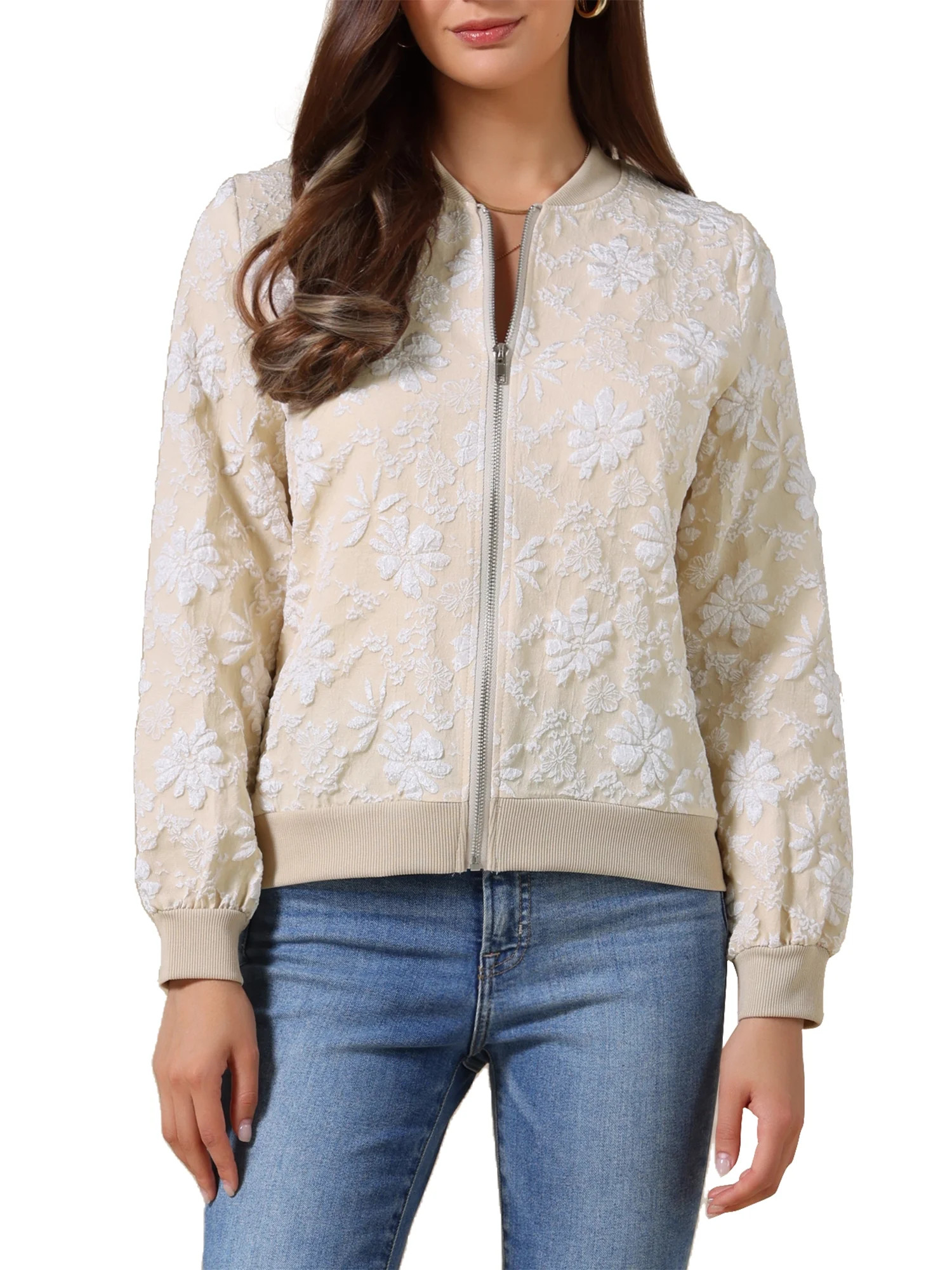 INSPIRE CHIC Bomber Jacket for Women Lightweight Cropped Floral Zip Up Casual Jackets M Khaki | Walmart (US)