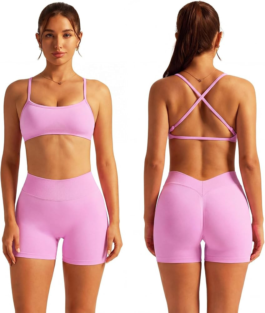 ABOCIW Womens Two Piece Workout Sets Strappy Sports Bra Matching High Waist Biker Shorts Gym Yoga... | Amazon (US)