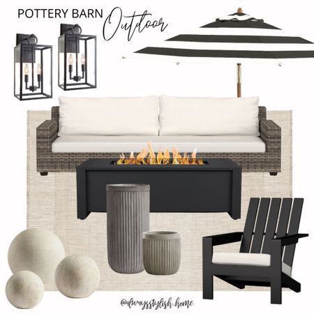 Pottery barn outdoor furniture, backyard patio decor, outdoor rug, sofa, accent chairs, fire pit, spheres, fluted planters, striped umbrella, lantern sconces, Adirondack chair

#LTKhome #LTKSeasonal