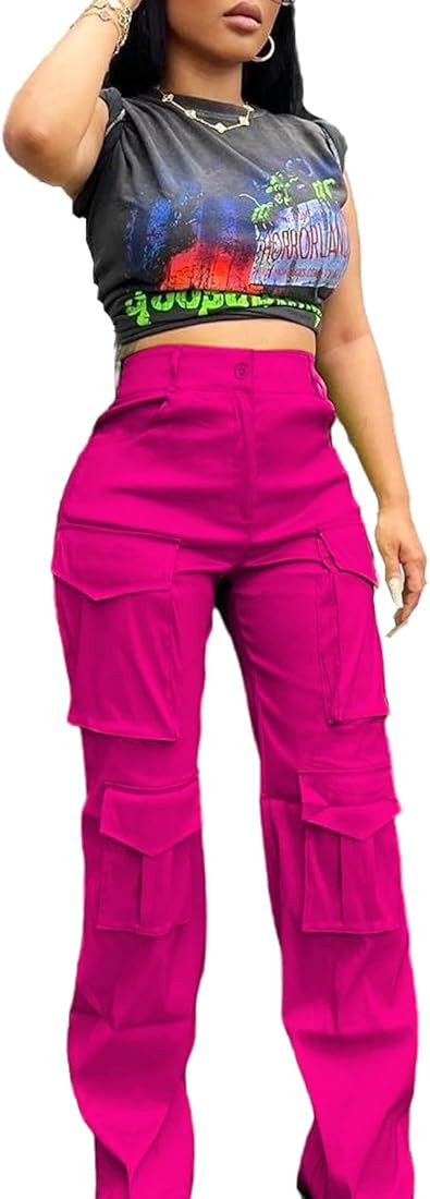 XZLUFNY Satin Cargo Pants for Women High Waist Multiple Pockets Wide Leg Trouser | Amazon (US)
