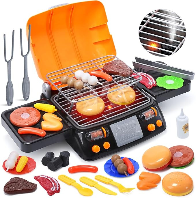 CUTE STONE Cooking Toy BBQ Set, 2-Layer Kids Grill Playset with Play Food, Pretend Smoke Sound an... | Amazon (US)
