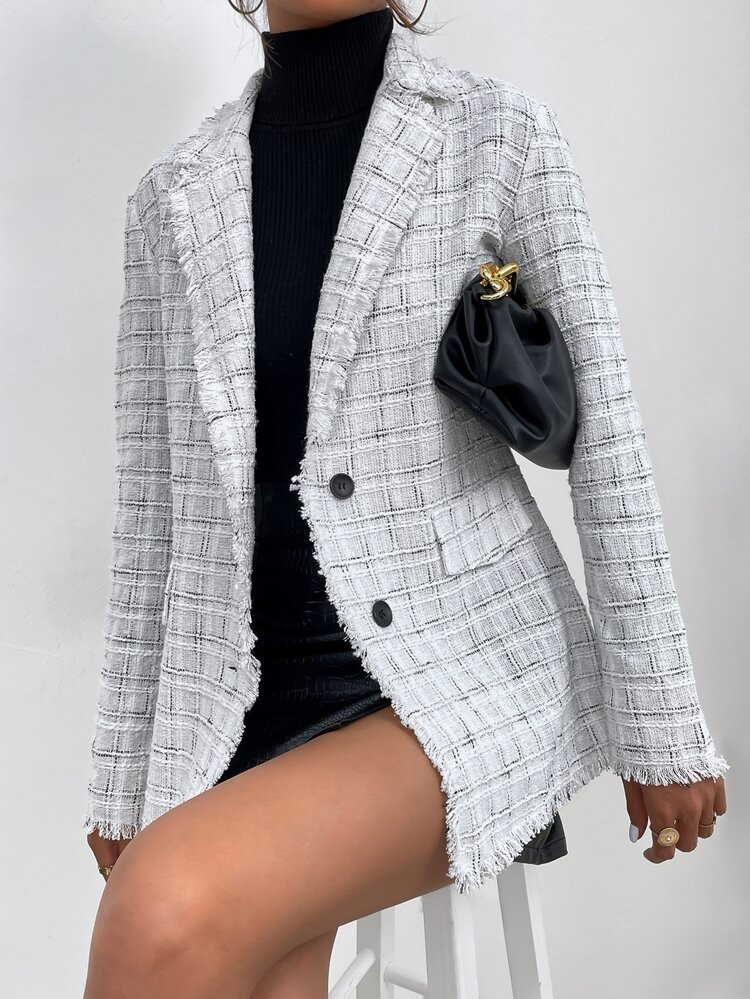 Plaid Pattern Raw Trim Overcoat | SHEIN