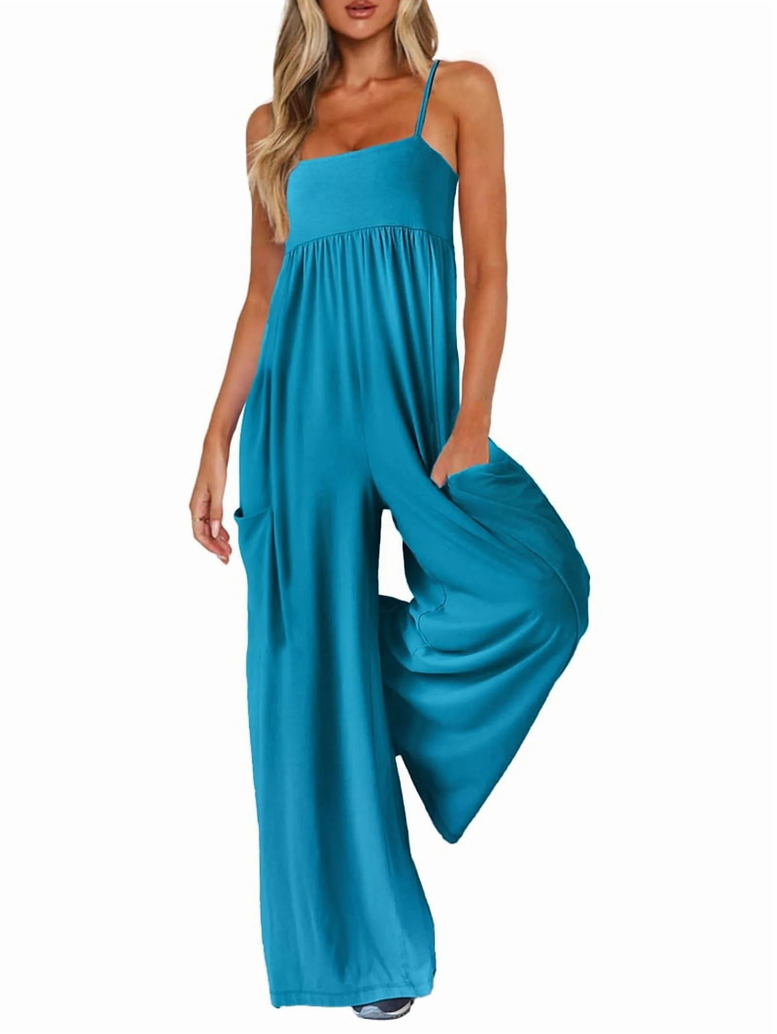 Jumpsuits for Women Spaghetti Strap Wide Leg One Piece Overalls Summer Rompers with Pockets Beach... | Walmart (US)