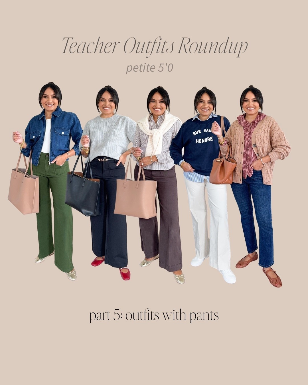 Teacher & Office Casual Outfits Part 5!
For reference: I’m 5’0, 32b bra size, and 2/26 in bottoms, pear shaped. 
*Everything I share is unaltered! TTS means true to size.

Denim jacket size xs petite TTS
White tank size xs TTS
Olive green pine pants size 26 petite TTS
Gold flats - old, similar linked

Gray sweater size xs petite TTS
Black belt size waist size below 37” TTS color R-classic black & brown
Black pants size 2 petite TTS
Red flats size 5 TTS

Brown stripe button down size xs petite TTS
Ivory sweater size xs TTS
Brown pants size 25 - sized down one size 
Gold flats - old, similar linked

Navy sweatshirt size xs petite TTS
Blue stripe button down size petite xs TTS
Ivory natural pants size 26 petite TTS
White sneakers size 6 TTS

Camel cardigan size xs petite TTS
Pink plaid button down size xs petite TTS (more orange in person)
Jeans size 26, 26” inseam TTS
Brown flats - old, similar linked 


Teacher outfits
Back to school
Office casual
Smart casual 
Fall outfit ideas
Casual style
Pull on pants
Petite outfits
Summer outfit ideas
Wear to work
Dresses with sneakers 
Travel outfits
Rachel Miranda Blog
Honeysweetpetite
Honey Sweet Petite


Comment SHOP below to receive a DM with the link to this post on my LTK ⬇ https://liketk.it/5kRQZ #ltkpetite #ltksalealert #ltkworkwear

#LTKPetite #LTKWorkwear #LTKSaleAlert