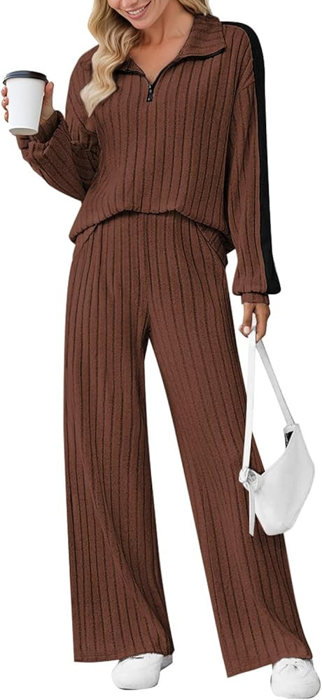JUSTFASHIONNOW Womens 2 Piece Outfits Ribbed Knit Lounge Sets Cozy Half Zip Sweatsuit Sets Wide L... | Amazon (US)